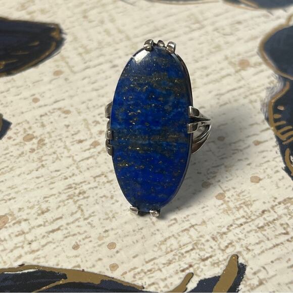 Vintage 925 Sterling Silver and Large Blue Lapis Lazuli Stone Silver Ring D2 - Picture 3 of 14